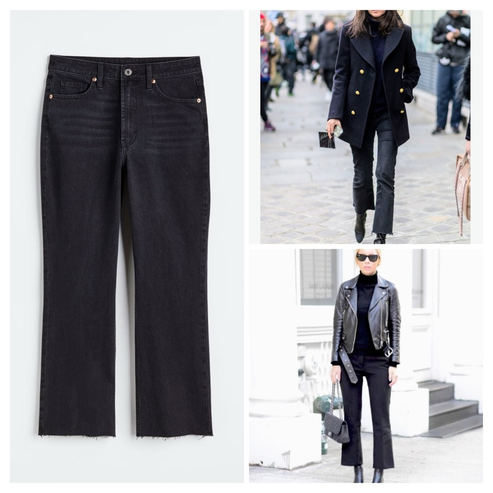 H&M Denim high rise cropped flare raw hem black jeans blogger favorite